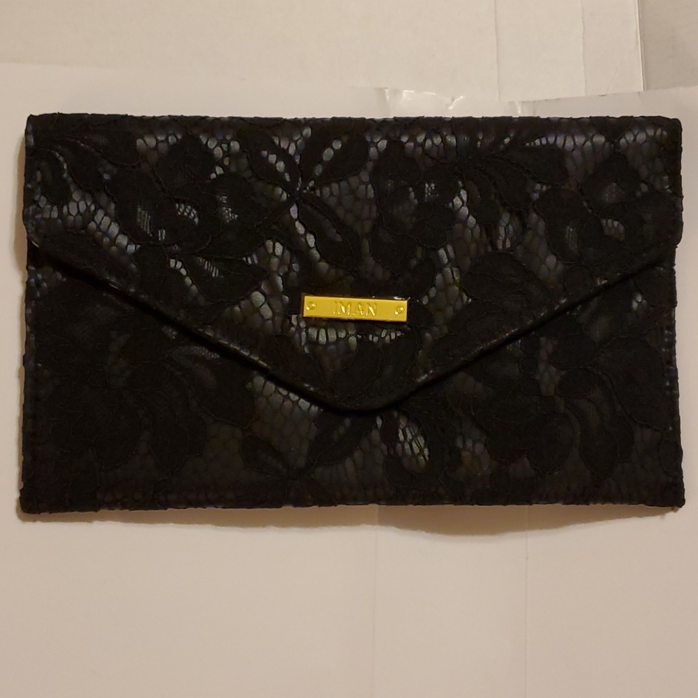 NWT, NIB, IMAN, Clutch handbag, Lace&Silk, Black,no chains small envelope style
